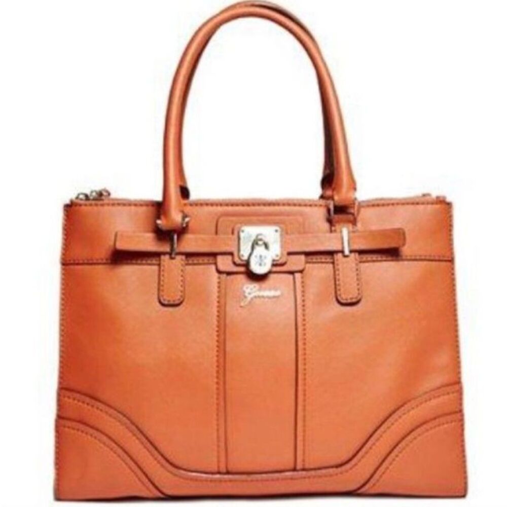 Guess Pumpkin Orange Faux Leather Greyson Status Carryall Y2K Satchel Bag
